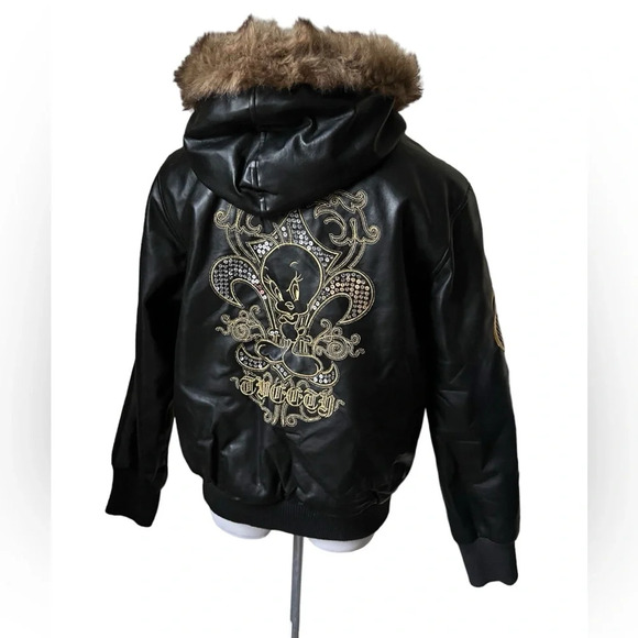 Vintage Y2K Looney Tunes Tweedy Bird Jacket with Faux Fur Hood, size small - Picture 1 of 7